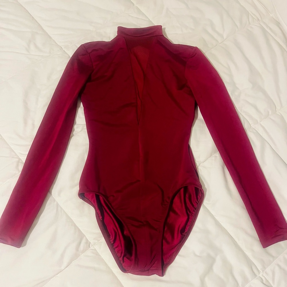 DANCE- Maroon longsleeve high quality leo cutout open back, sheer V deep front